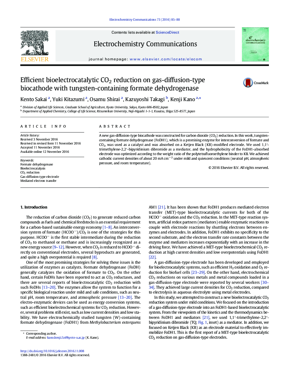 Efficient bioelectrocatalytic CO2 reduction on gas-diffusion-type biocathode with tungsten-containing formate dehydrogenase