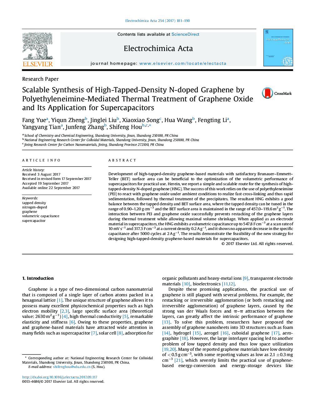 Scalable Synthesis of High-Tapped-Density N-doped Graphene by Polyethyleneimine-Mediated Thermal Treatment of Graphene Oxide and Its Application for Supercapacitors