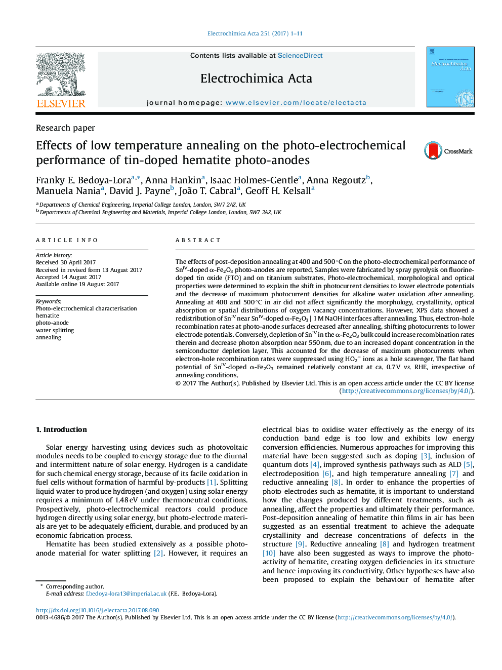 Effects of low temperature annealing on the photo-electrochemical performance of tin-doped hematite photo-anodes