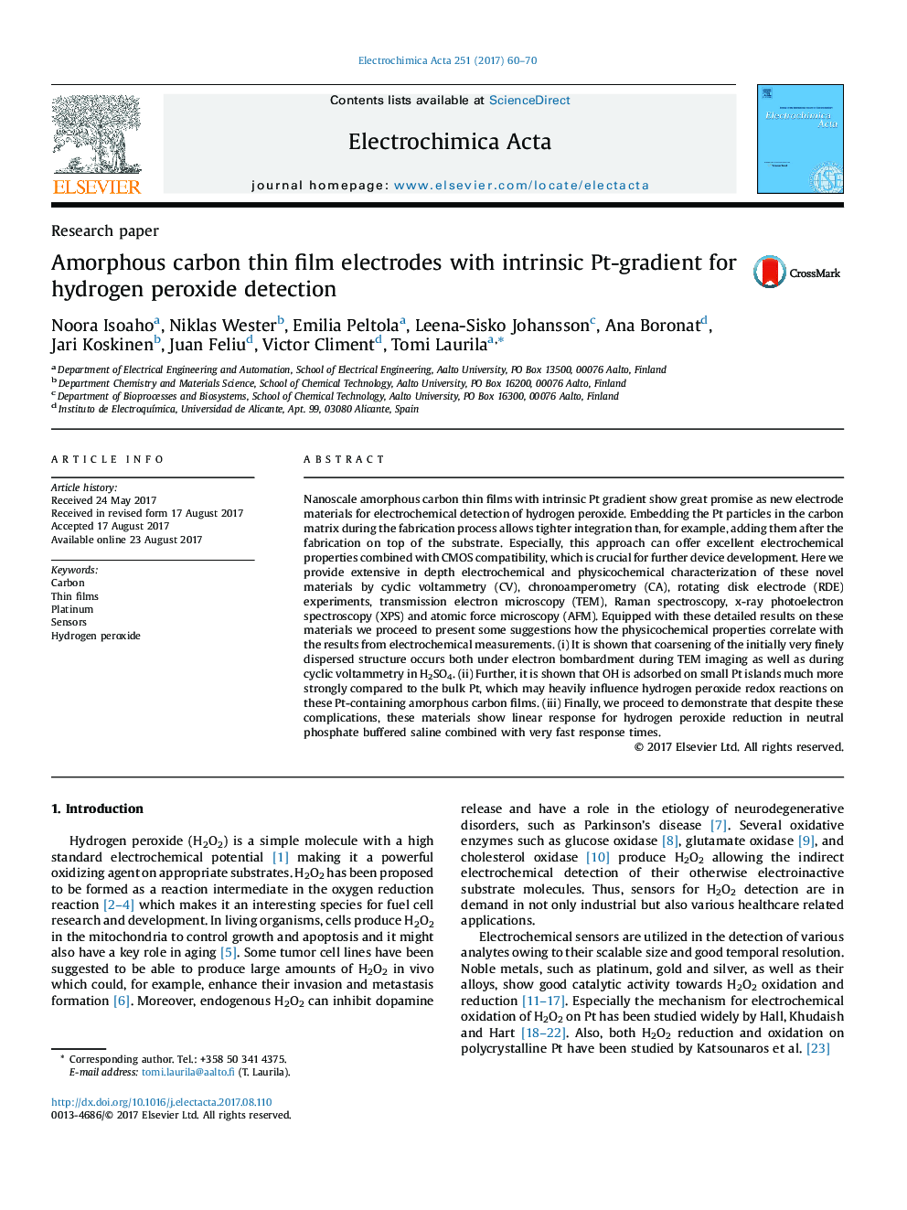 Amorphous carbon thin film electrodes with intrinsic Pt-gradient for hydrogen peroxide detection