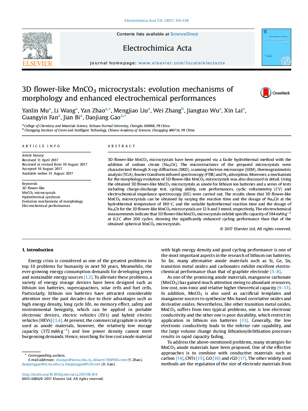 3D flower-like MnCO3 microcrystals: evolution mechanisms of morphology and enhanced electrochemical performances