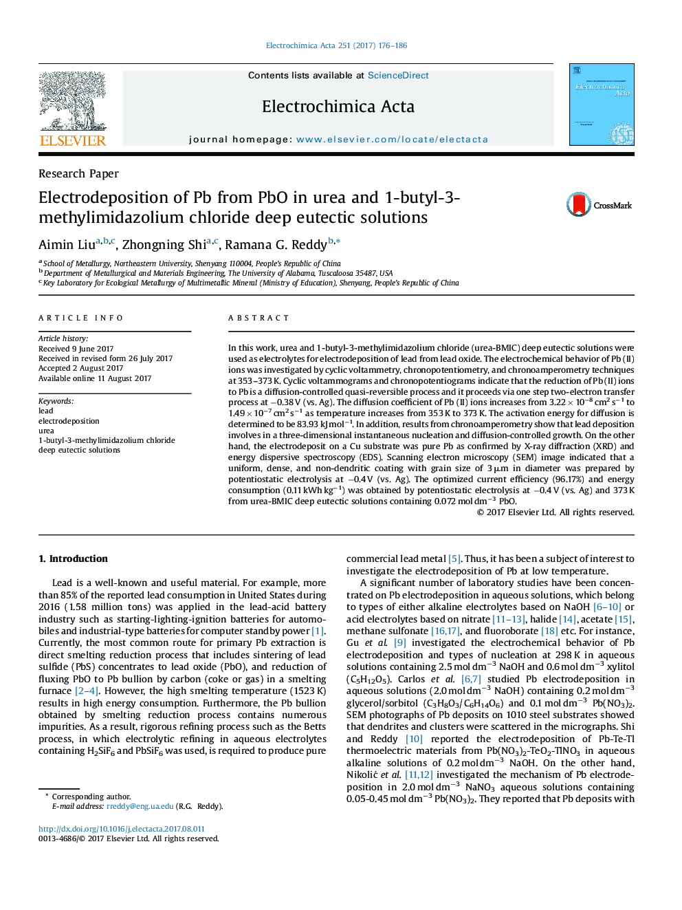 Electrodeposition of Pb from PbO in urea and 1-butyl-3-methylimidazolium chloride deep eutectic solutions