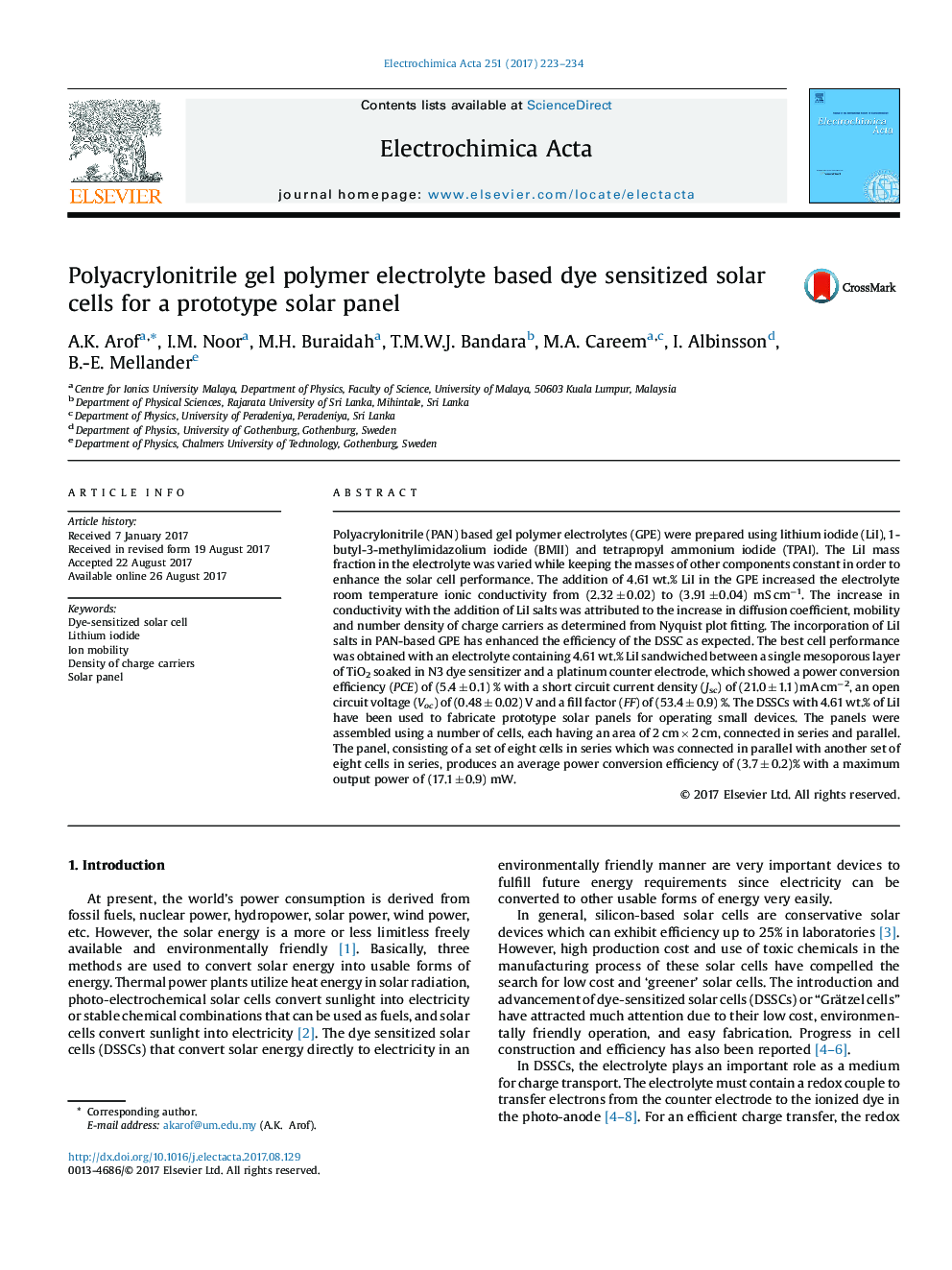 Polyacrylonitrile gel polymer electrolyte based dye sensitized solar cells for a prototype solar panel