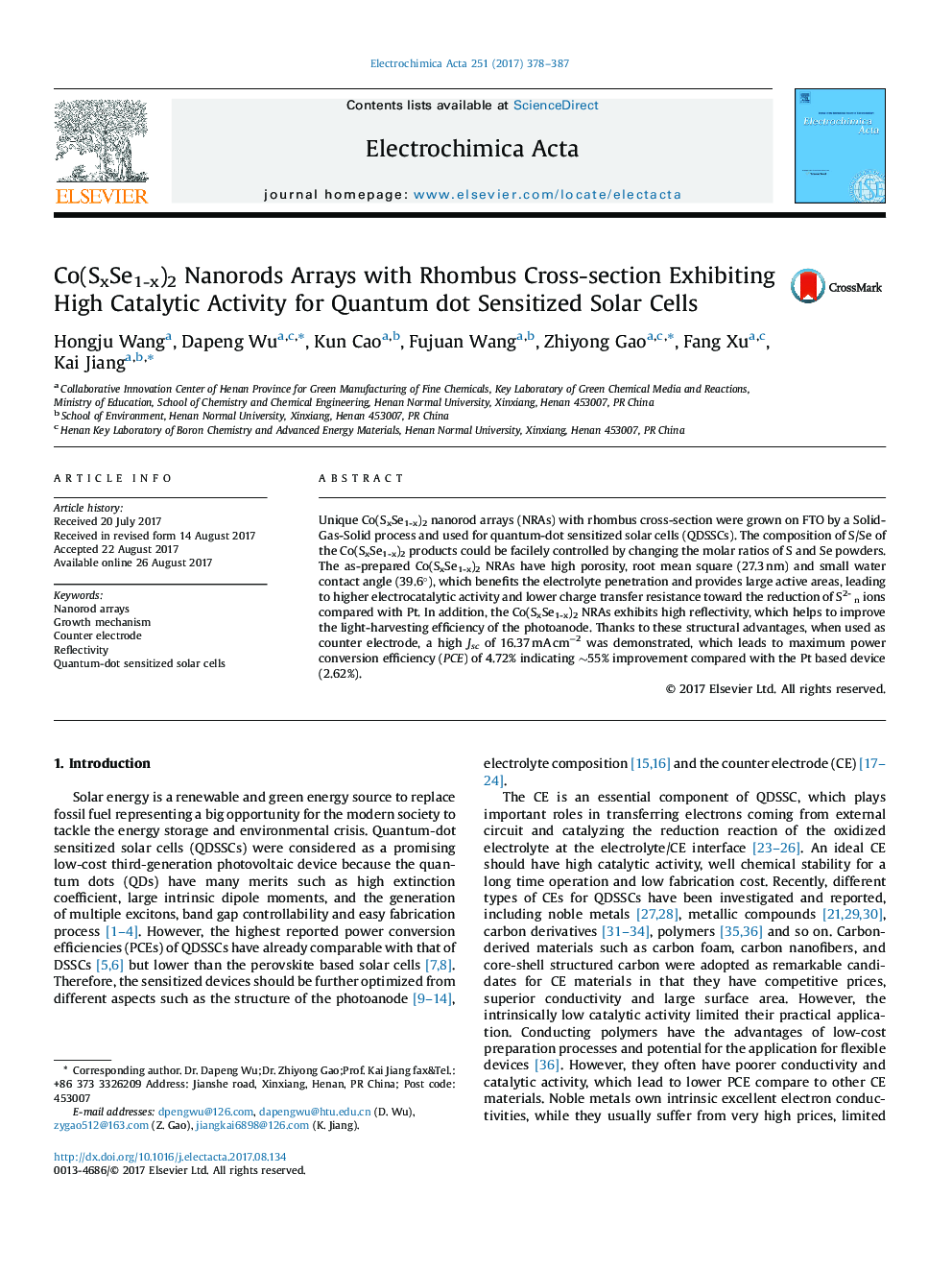 Co(SxSe1-x)2 Nanorods Arrays with Rhombus Cross-section Exhibiting High Catalytic Activity for Quantum dot Sensitized Solar Cells