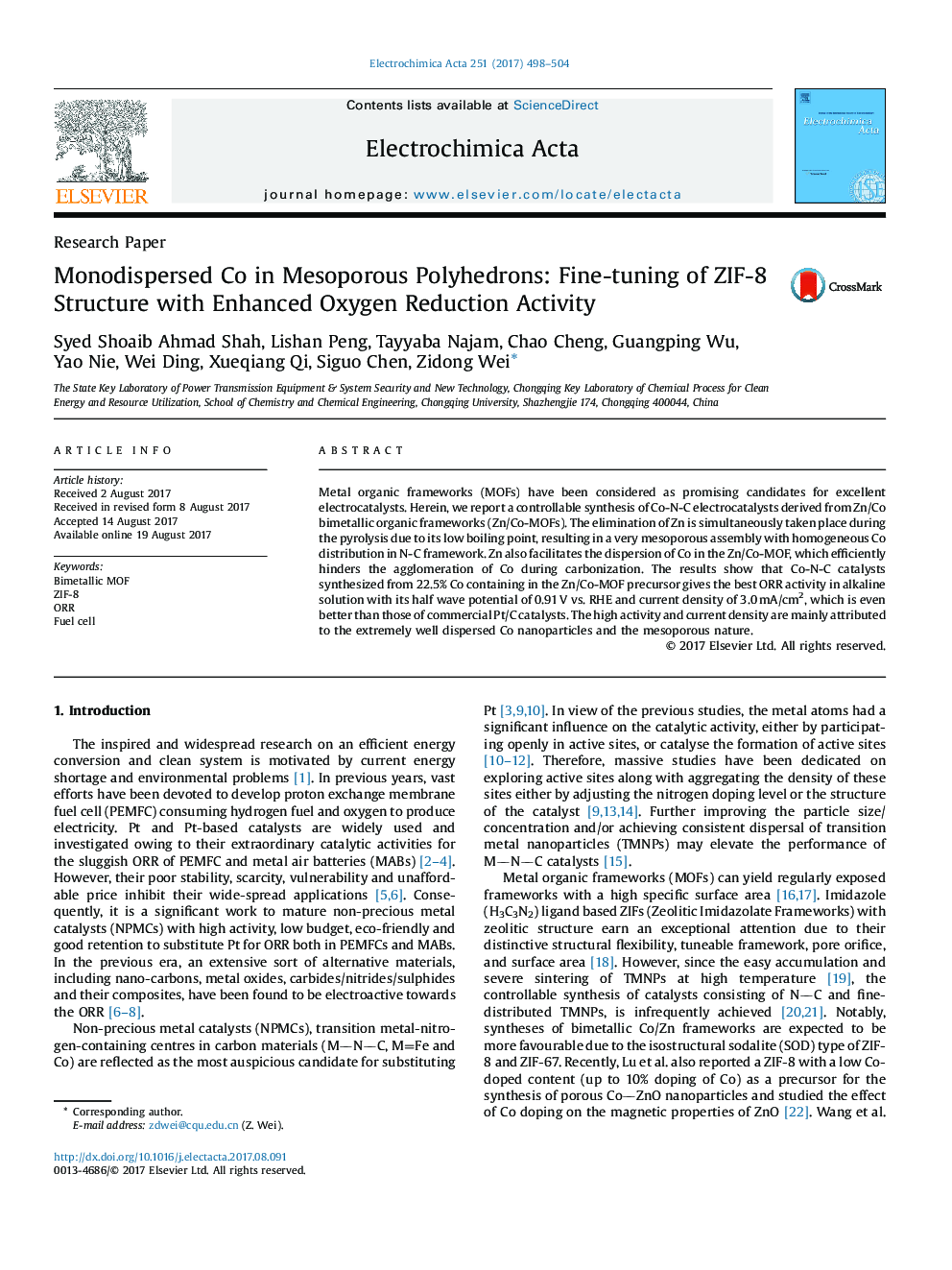 Monodispersed Co in Mesoporous Polyhedrons: Fine-tuning of ZIF-8 Structure with Enhanced Oxygen Reduction Activity