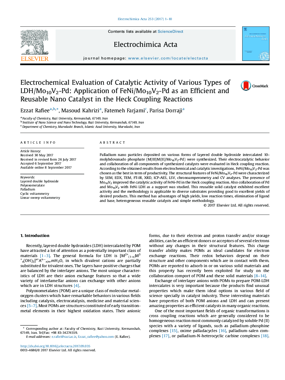 Electrochemical Evaluation of Catalytic Activity of Various Types of LDH/Mo10V2-Pd: Application of FeNi/Mo10V2-Pd as an Efficient and Reusable Nano Catalyst in the Heck Coupling Reactions