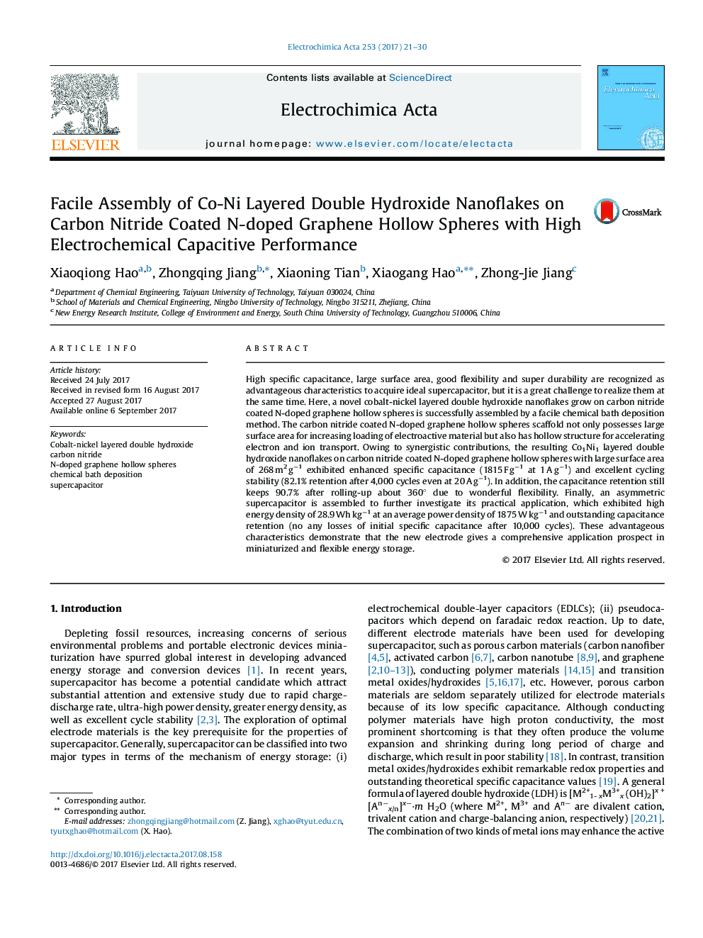 Facile Assembly of Co-Ni Layered Double Hydroxide Nanoflakes on Carbon Nitride Coated N-doped Graphene Hollow Spheres with High Electrochemical Capacitive Performance