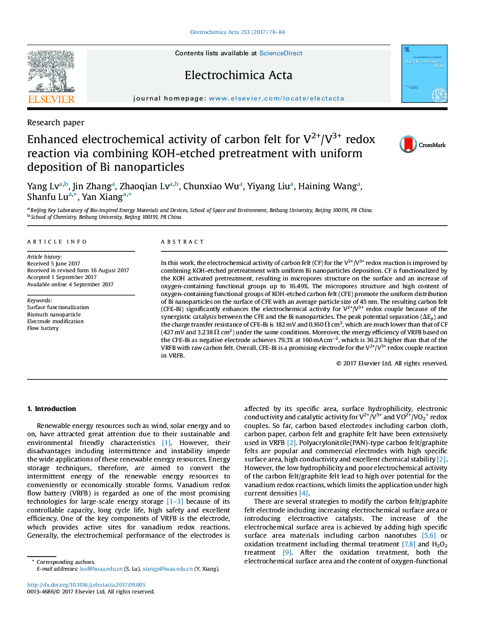 Enhanced electrochemical activity of carbon felt for V2+/V3+ redox reaction via combining KOH-etched pretreatment with uniform deposition of Bi nanoparticles