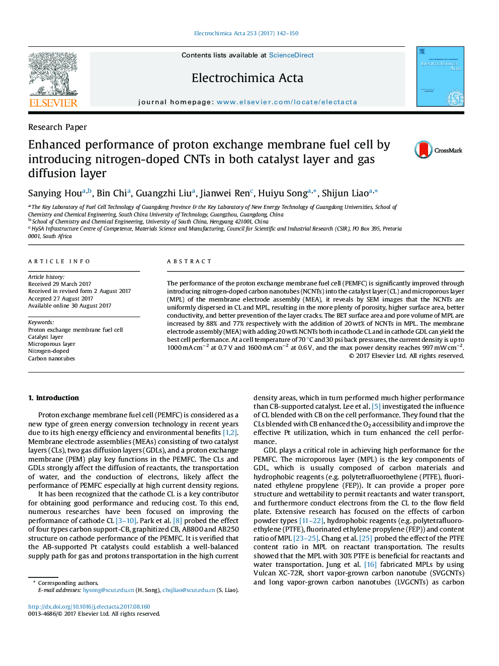 Enhanced performance of proton exchange membrane fuel cell by introducing nitrogen-doped CNTs in both catalyst layer and gas diffusion layer