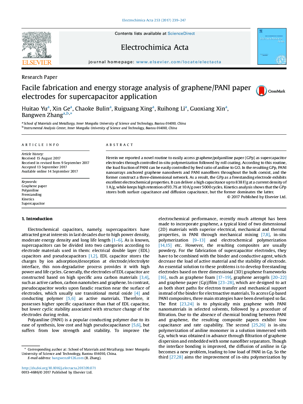 Facile fabrication and energy storage analysis of graphene/PANI paper electrodes for supercapacitor application