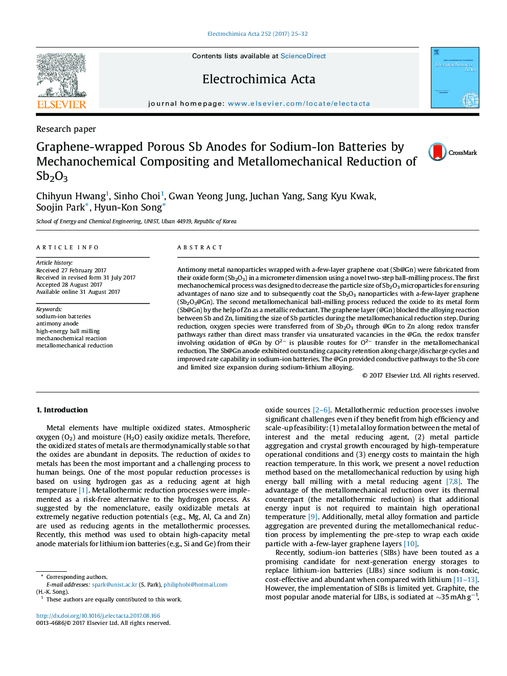 Graphene-wrapped Porous Sb Anodes for Sodium-Ion Batteries by Mechanochemical Compositing and Metallomechanical Reduction of Sb2O3