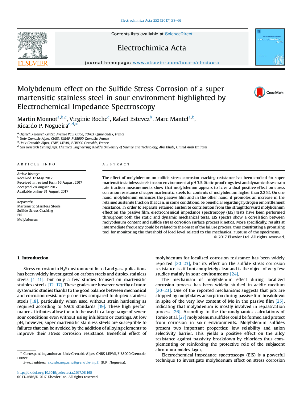 Molybdenum effect on the Sulfide Stress Corrosion of a super martensitic stainless steel in sour environment highlighted by Electrochemical Impedance Spectroscopy