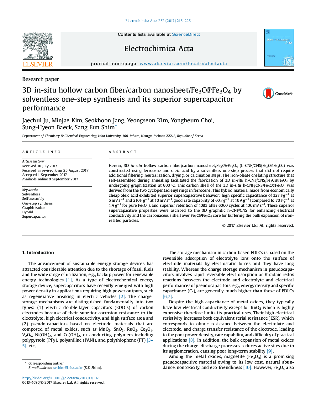 3D in-situ hollow carbon fiber/carbon nanosheet/Fe3C@Fe3O4 by solventless one-step synthesis and its superior supercapacitor performance