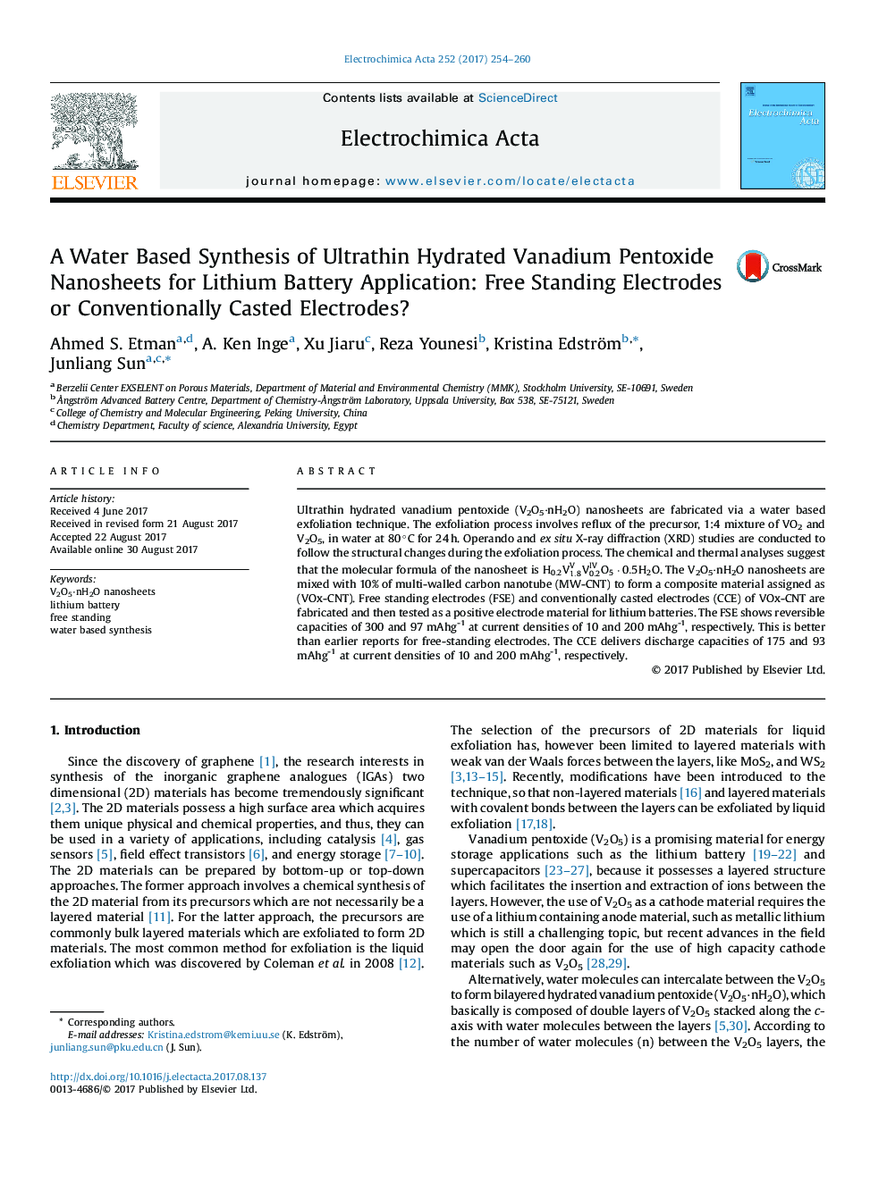 A Water Based Synthesis of Ultrathin Hydrated Vanadium Pentoxide Nanosheets for Lithium Battery Application: Free Standing Electrodes or Conventionally Casted Electrodes?