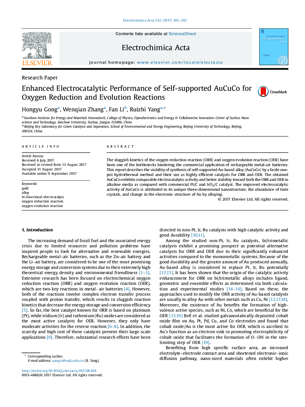 Enhanced Electrocatalytic Performance of Self-supported AuCuCo for Oxygen Reduction and Evolution Reactions