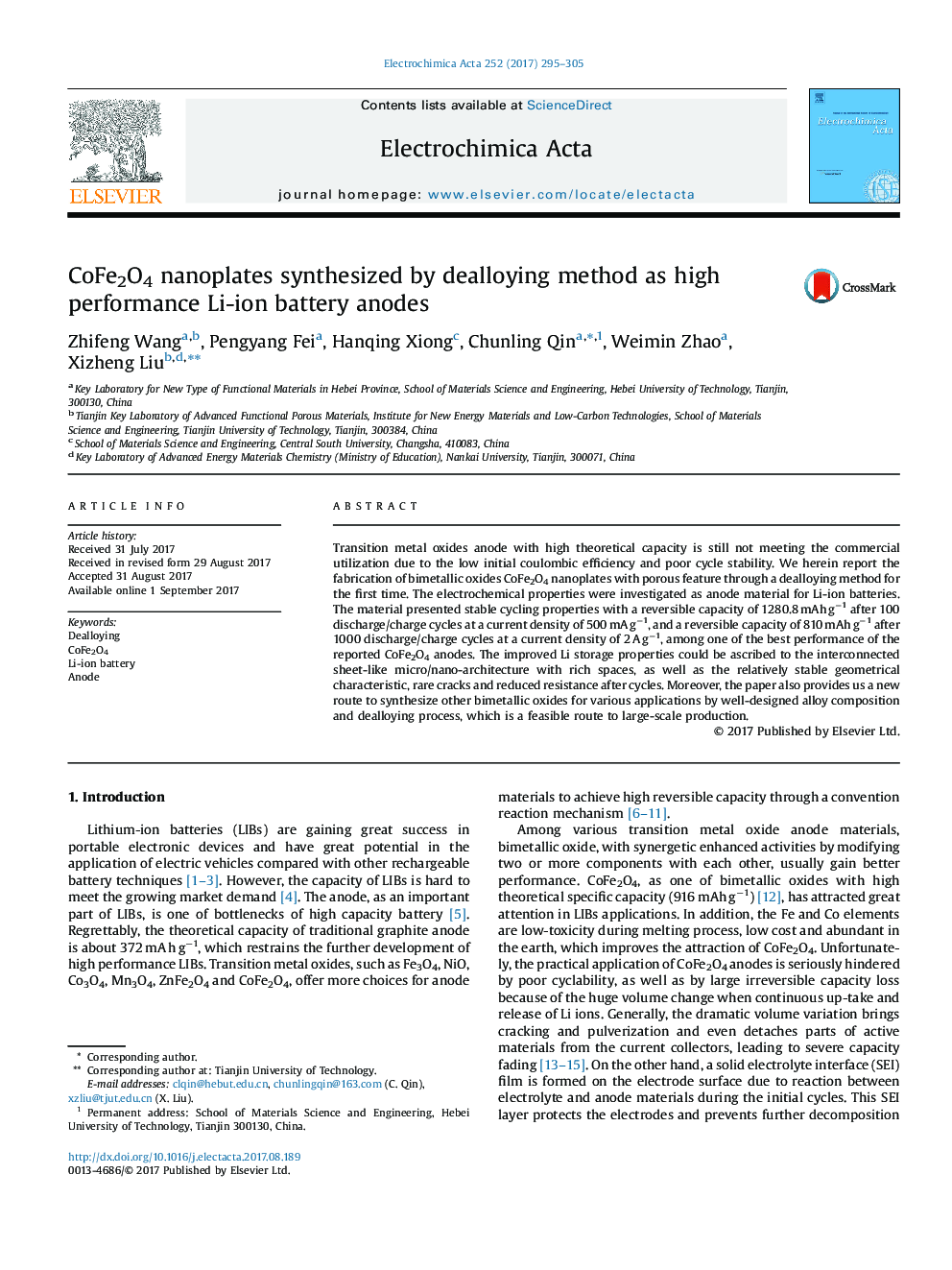 CoFe2O4 nanoplates synthesized by dealloying method as high performance Li-ion battery anodes