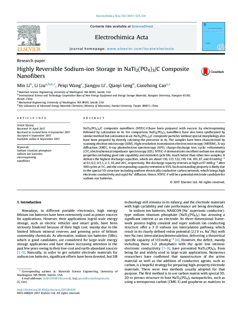 Highly Reversible Sodium-ion Storage in NaTi2(PO4)3/C Composite Nanofibers