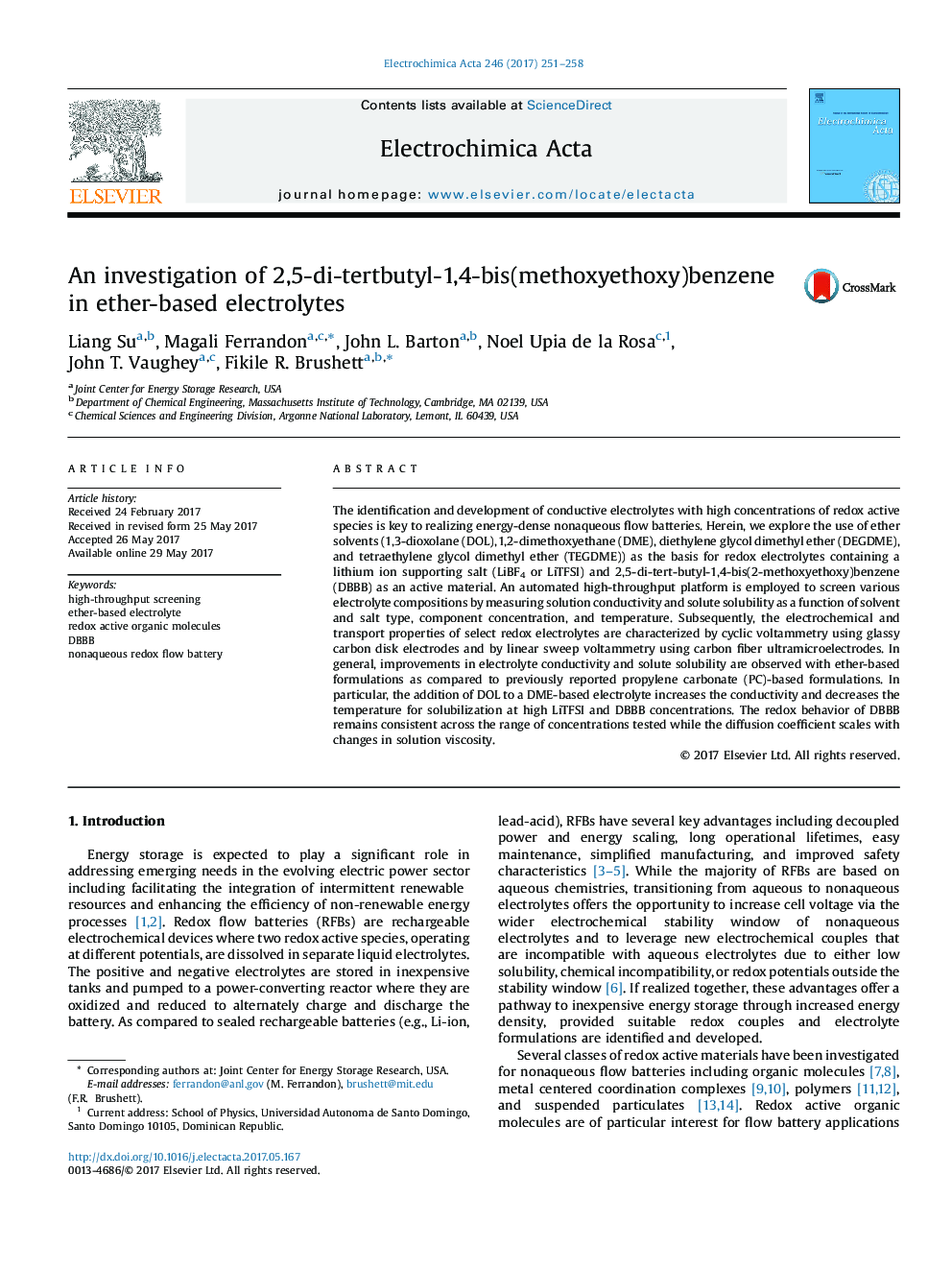 An investigation of 2,5-di-tertbutyl-1,4-bis(methoxyethoxy)benzene in ether-based electrolytes