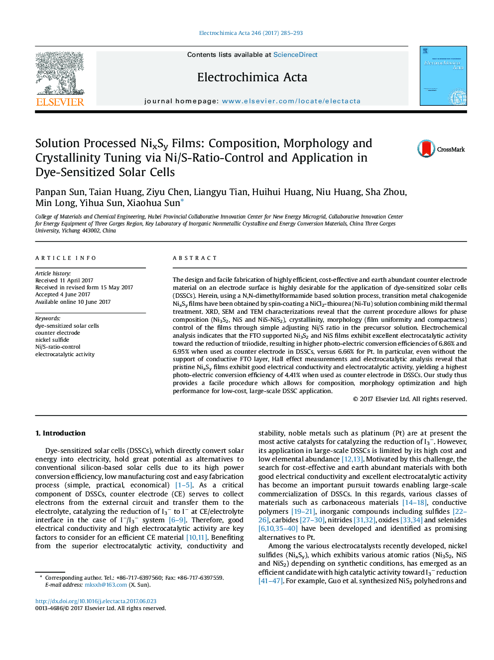 Solution Processed NixSy Films: Composition, Morphology and Crystallinity Tuning via Ni/S-Ratio-Control and Application in Dye-Sensitized Solar Cells