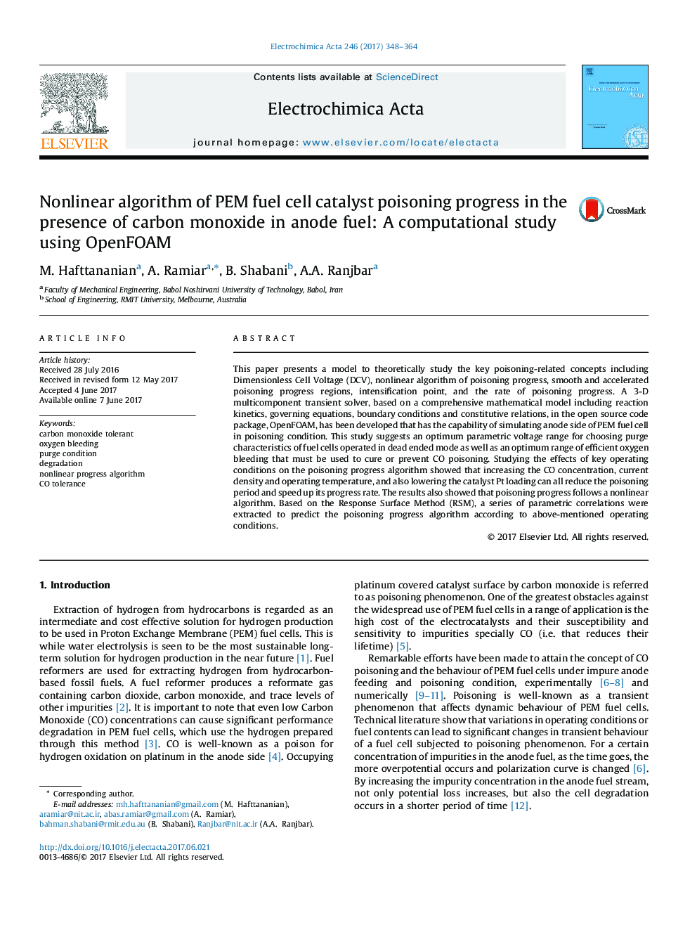 Nonlinear algorithm of PEM fuel cell catalyst poisoning progress in the presence of carbon monoxide in anode fuel: A computational study using OpenFOAM