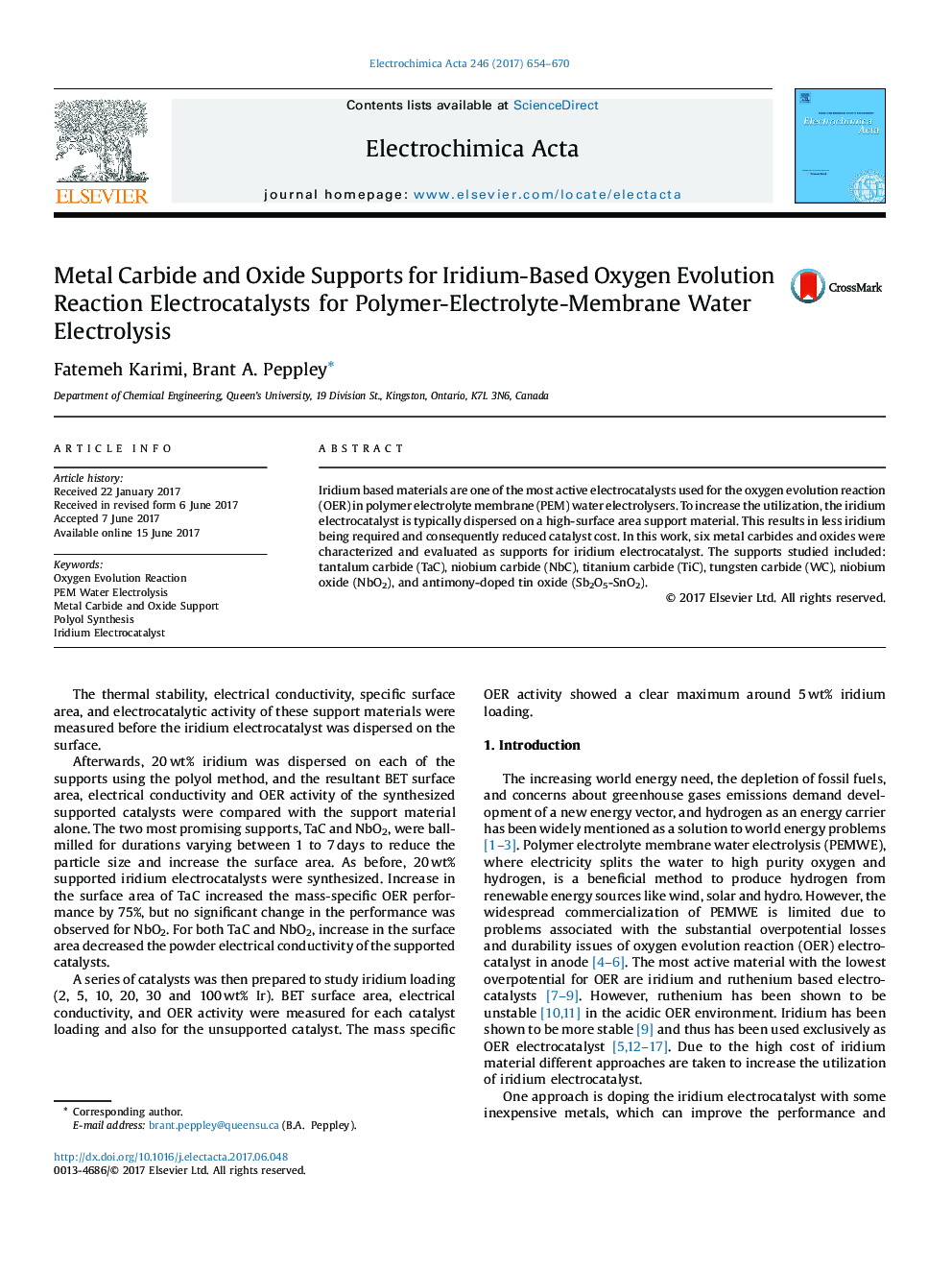 Metal Carbide and Oxide Supports for Iridium-Based Oxygen Evolution Reaction Electrocatalysts for Polymer-Electrolyte-Membrane Water Electrolysis