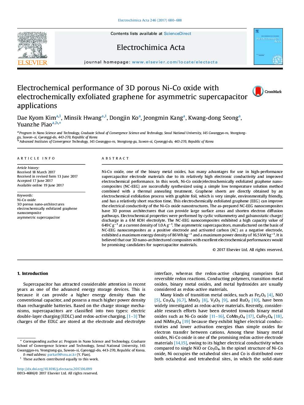 عکس صفحه اول مقاله: Electrochemical performance of 3D porous Ni-Co oxide with electrochemically exfoliated graphene for asymmetric supercapacitor applications Electrochemical performance of 3D porous Ni-Co oxide with electrochemically exfoliated graphene for asymmetric supercapacitor applications