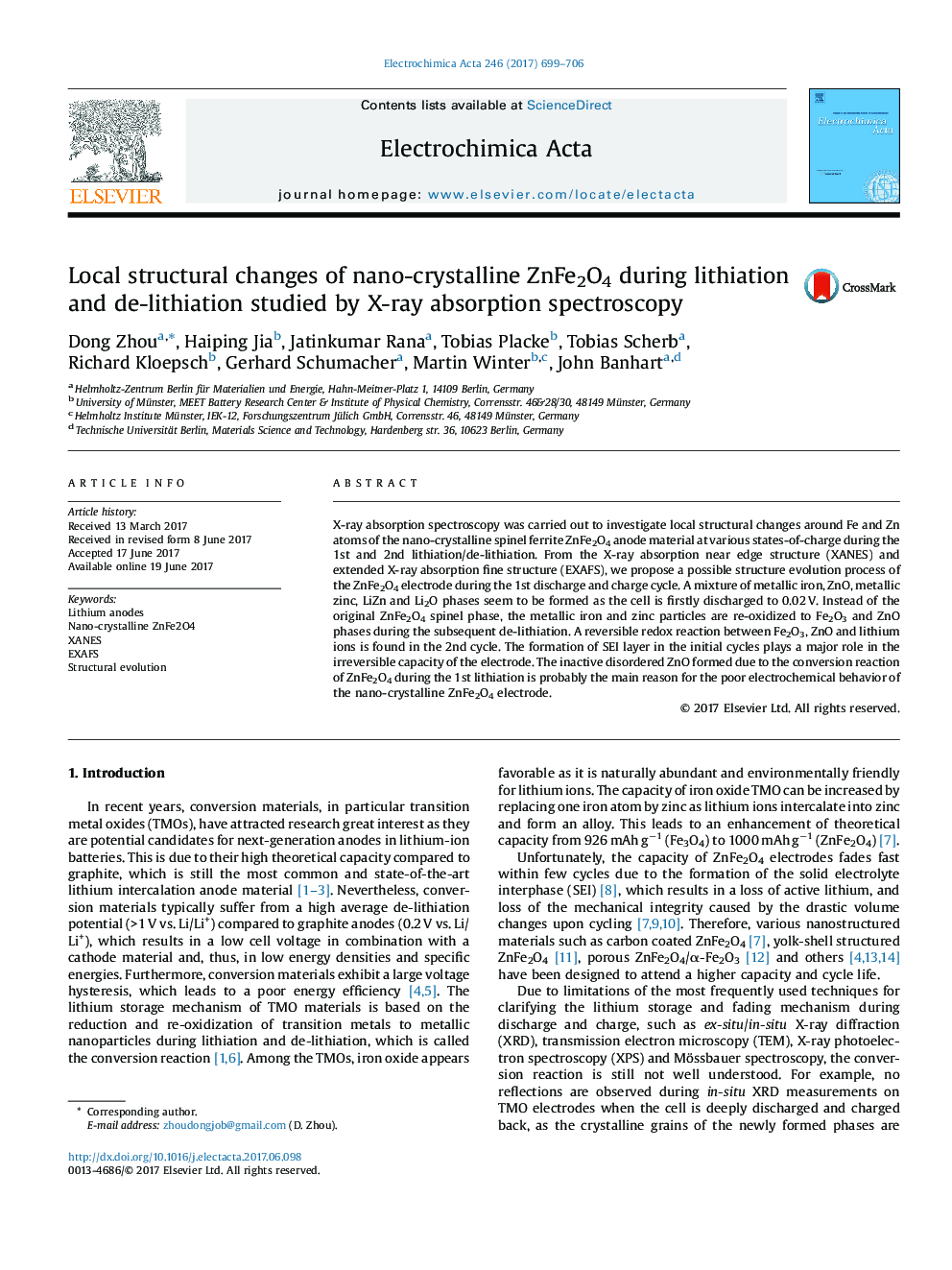 Local structural changes of nano-crystalline ZnFe2O4 during lithiation and de-lithiation studied by X-ray absorption spectroscopy