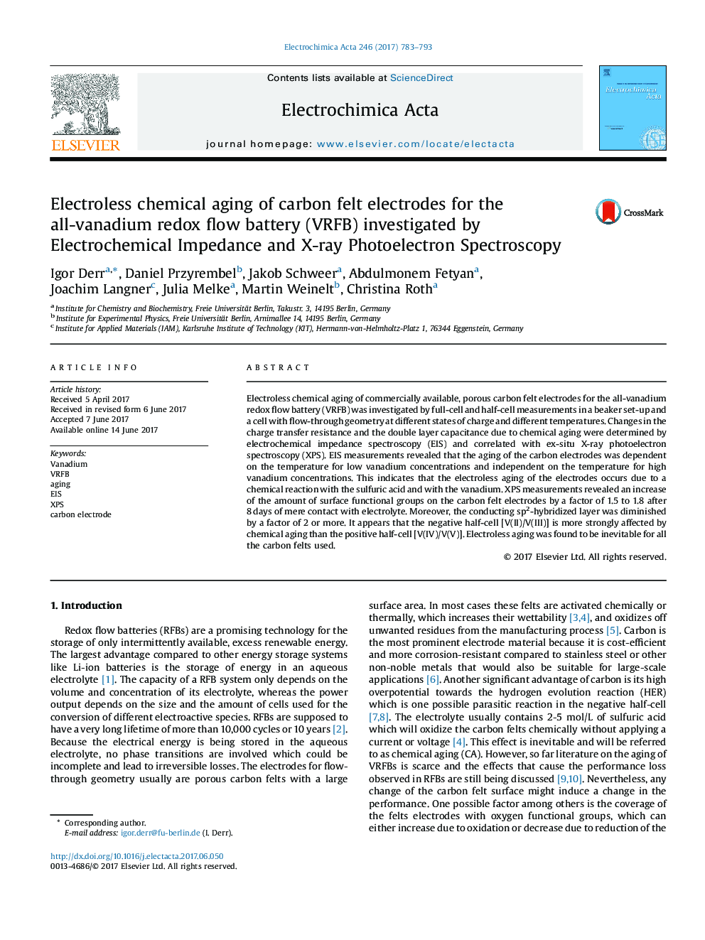 Electroless chemical aging of carbon felt electrodes for the all-vanadium redox flow battery (VRFB) investigated by Electrochemical Impedance and X-ray Photoelectron Spectroscopy