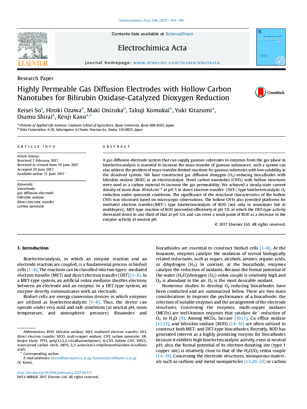 Highly Permeable Gas Diffusion Electrodes with Hollow Carbon Nanotubes for Bilirubin Oxidase-Catalyzed Dioxygen Reduction