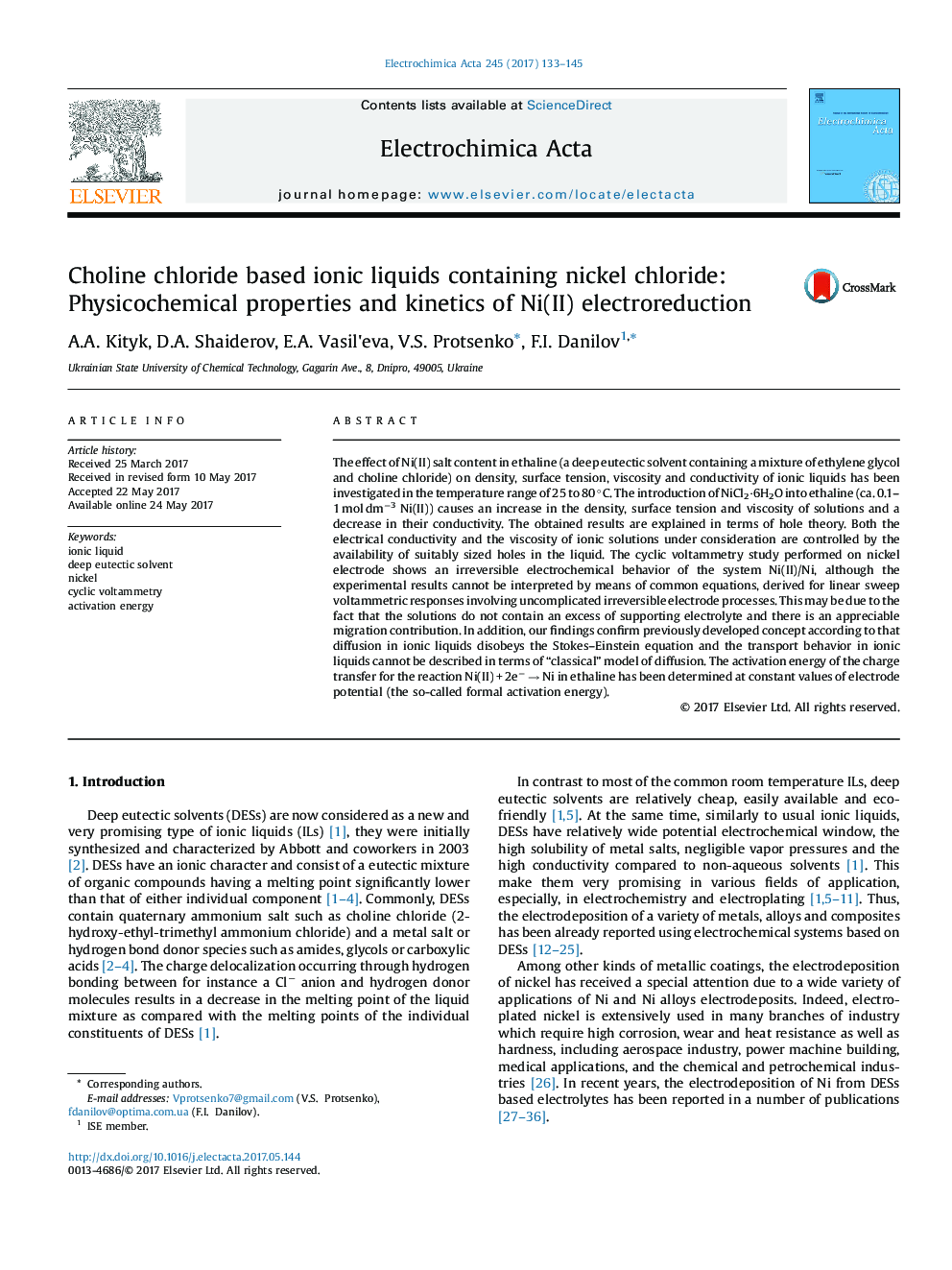 Choline chloride based ionic liquids containing nickel chloride: Physicochemical properties and kinetics of Ni(II) electroreduction