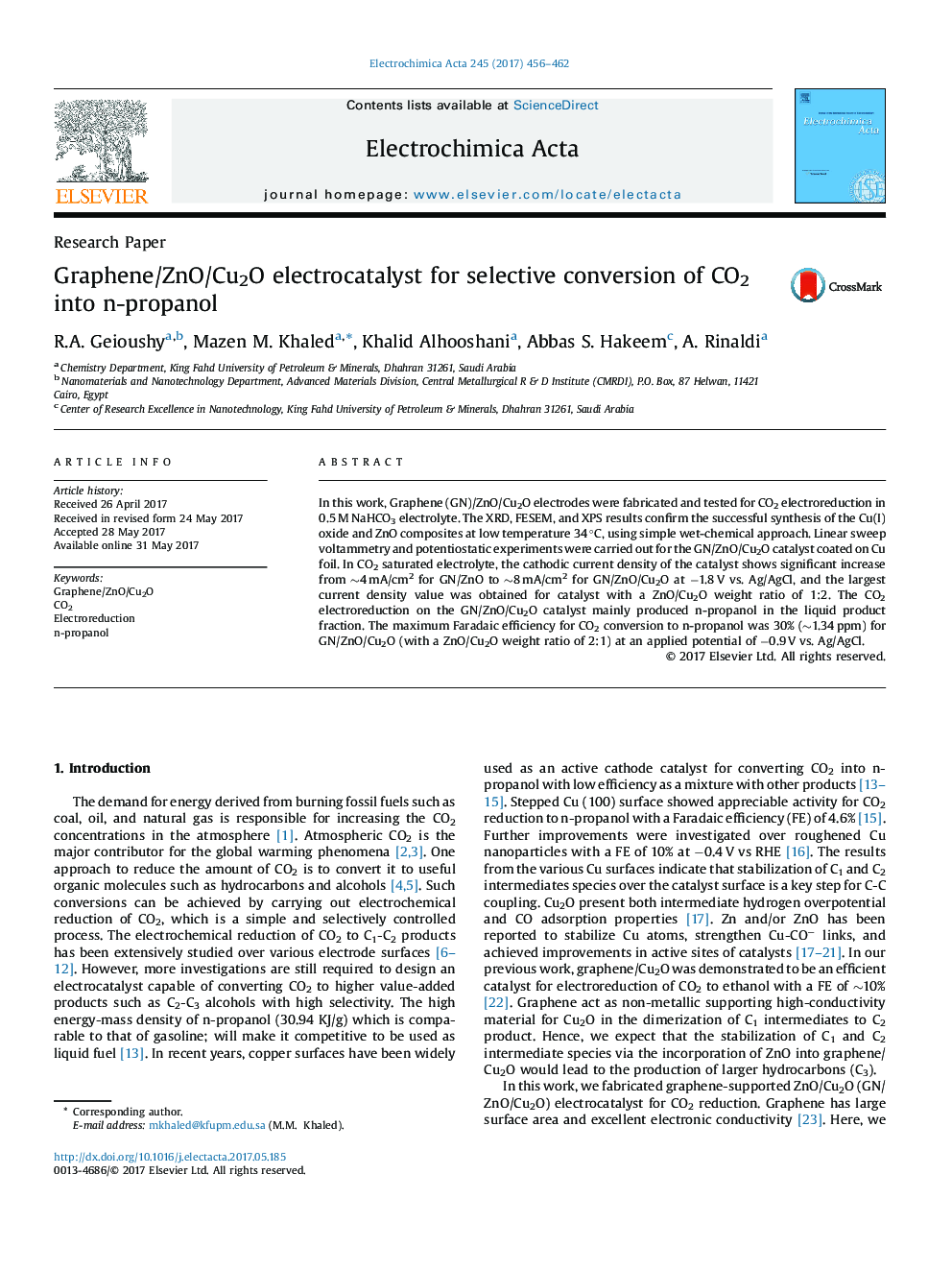 Graphene/ZnO/Cu2O electrocatalyst for selective conversion of CO2 into n-propanol