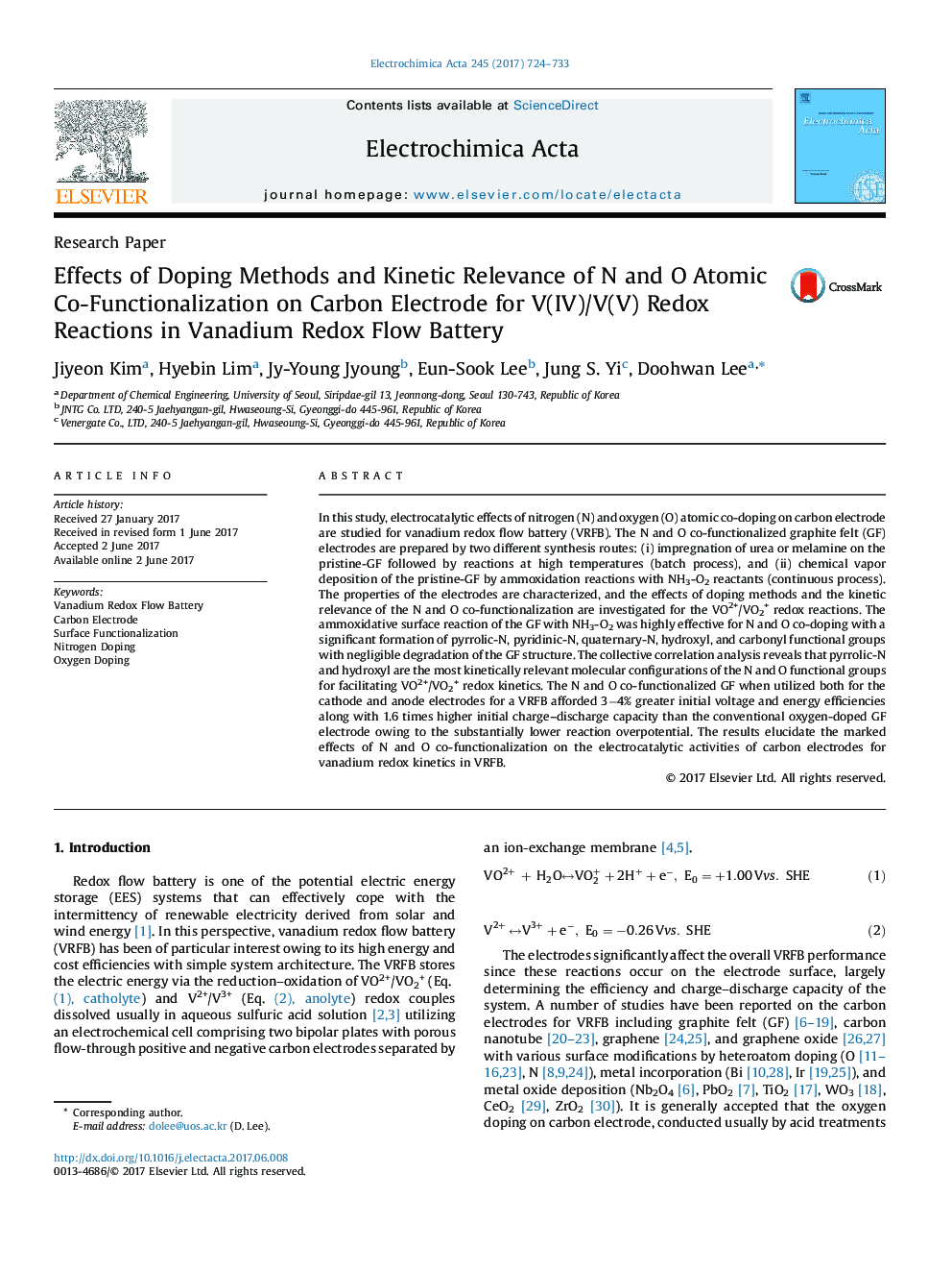 Effects of Doping Methods and Kinetic Relevance of N and O Atomic Co-Functionalization on Carbon Electrode for V(IV)/V(V) Redox Reactions in Vanadium Redox Flow Battery