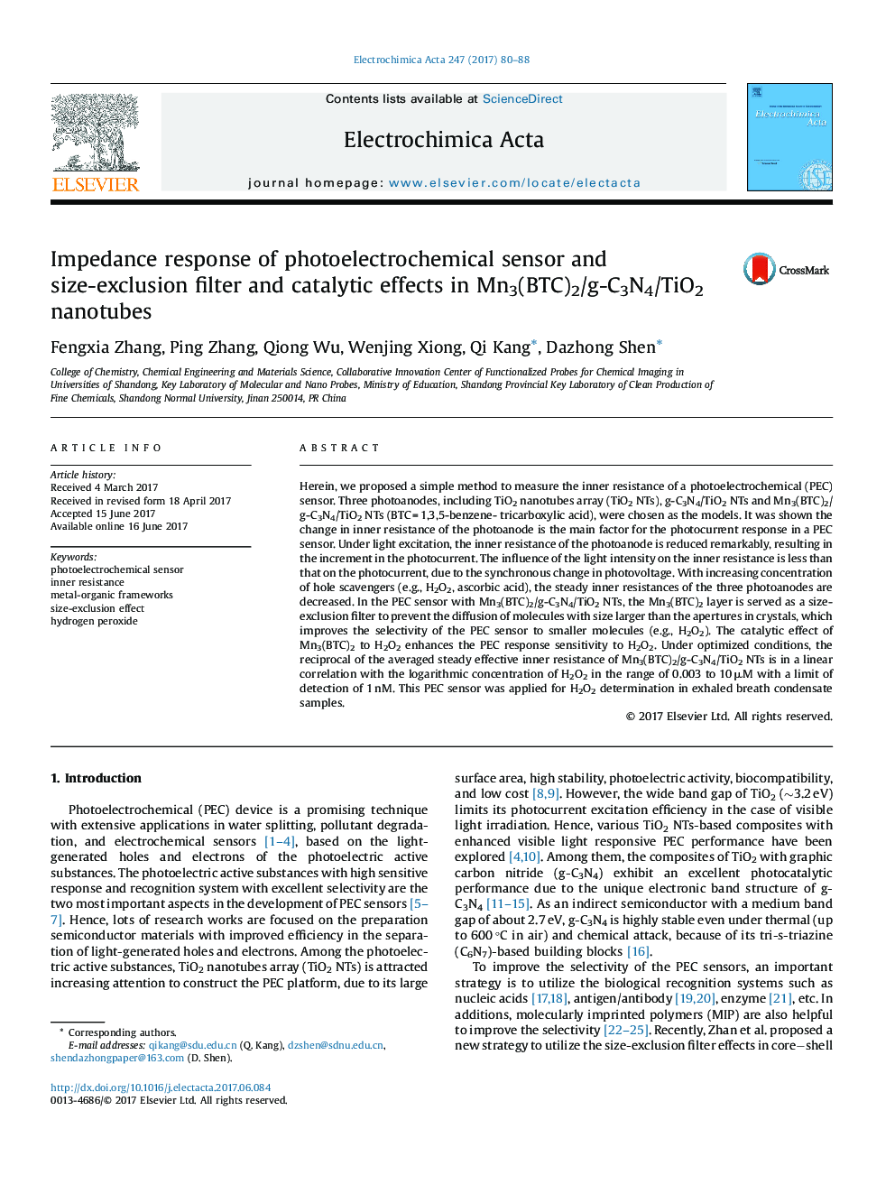 Impedance response of photoelectrochemical sensor and size-exclusion filter and catalytic effects in Mn3(BTC)2/g-C3N4/TiO2 nanotubes