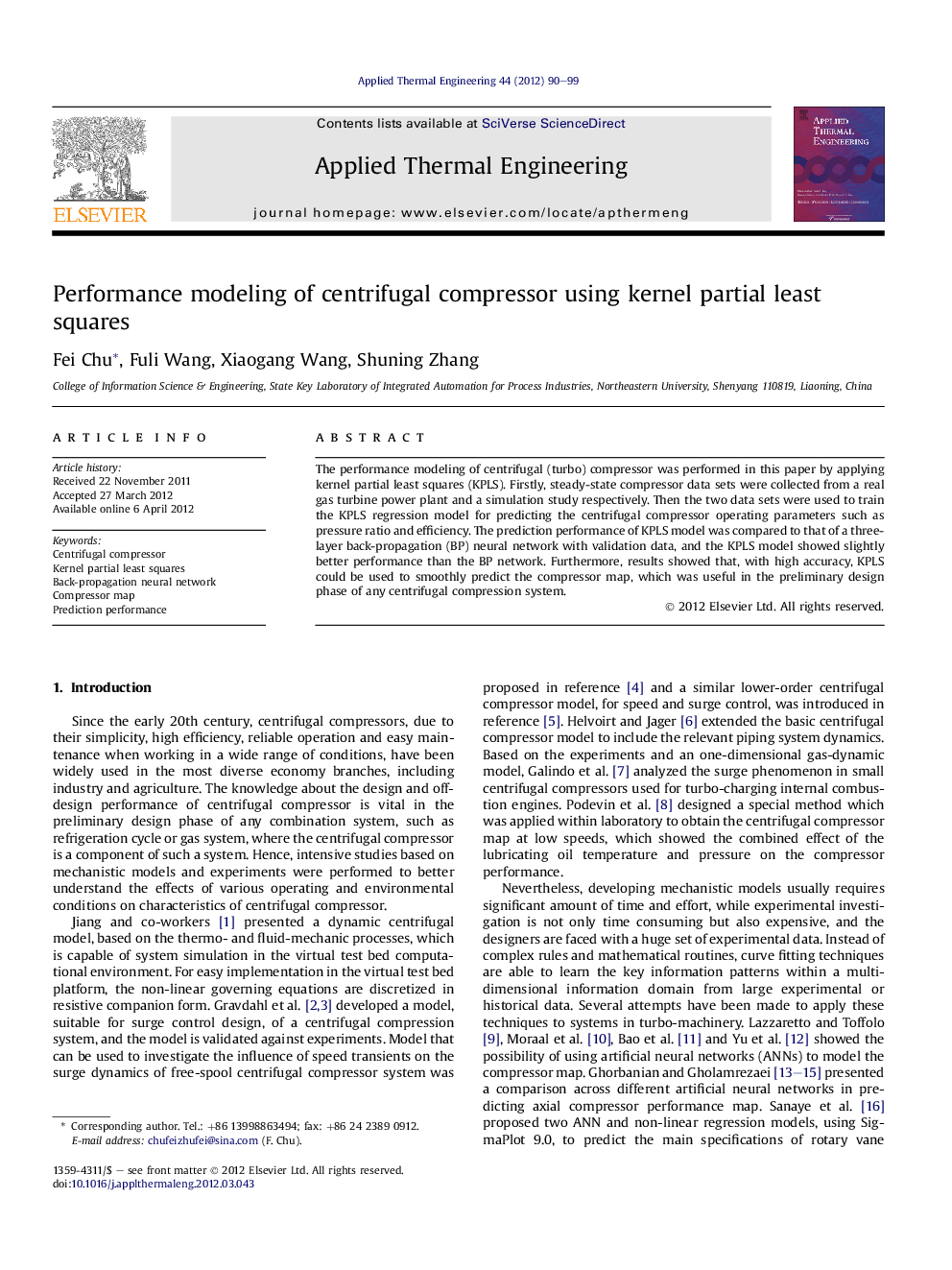 Performance modeling of centrifugal compressor using kernel partial least squares