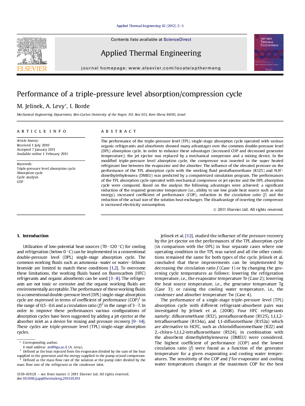 Performance of a triple-pressure level absorption/compression cycle