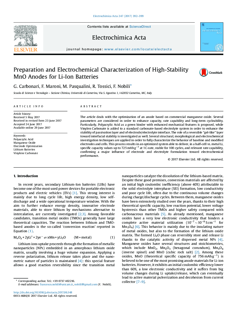 Preparation and Electrochemical Characterization of High-Stability MnO Anodes for Li-Ion Batteries