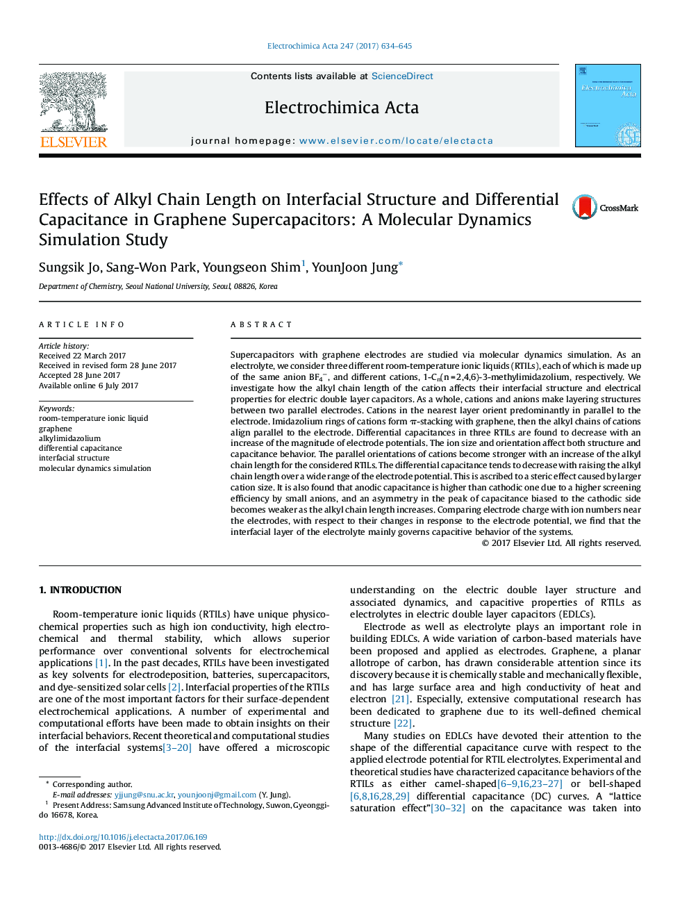 Effects of Alkyl Chain Length on Interfacial Structure and Differential Capacitance in Graphene Supercapacitors: A Molecular Dynamics Simulation Study