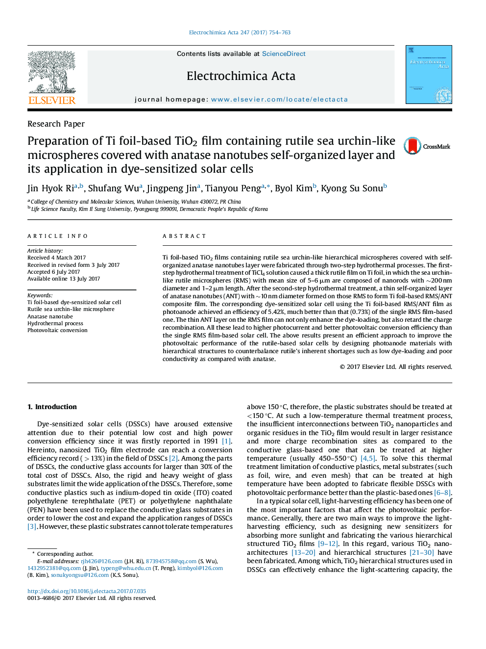 Preparation of Ti foil-based TiO2 film containing rutile sea urchin-like microspheres covered with anatase nanotubes self-organized layer and its application in dye-sensitized solar cells