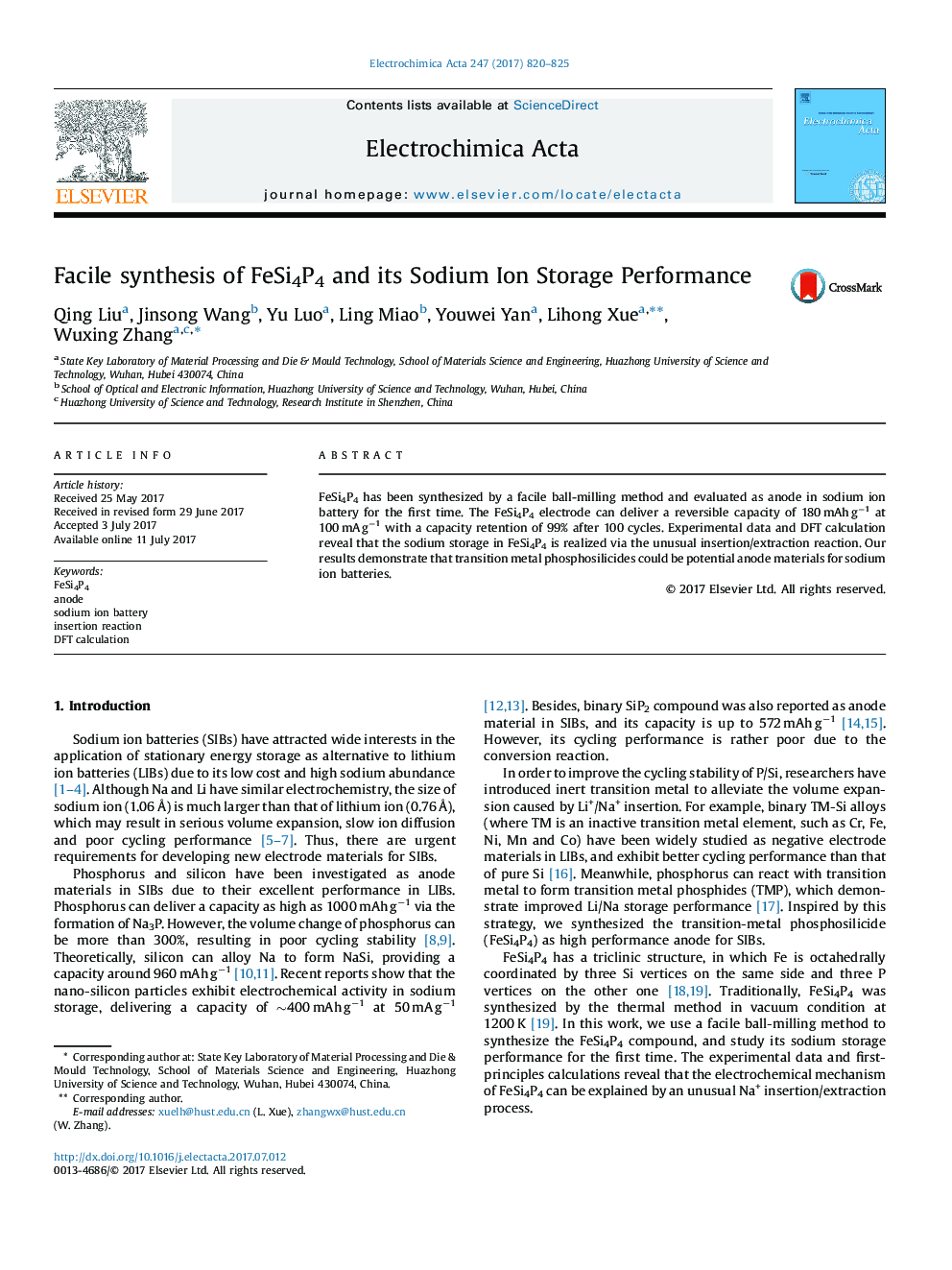 Facile synthesis of FeSi4P4 and its Sodium Ion Storage Performance