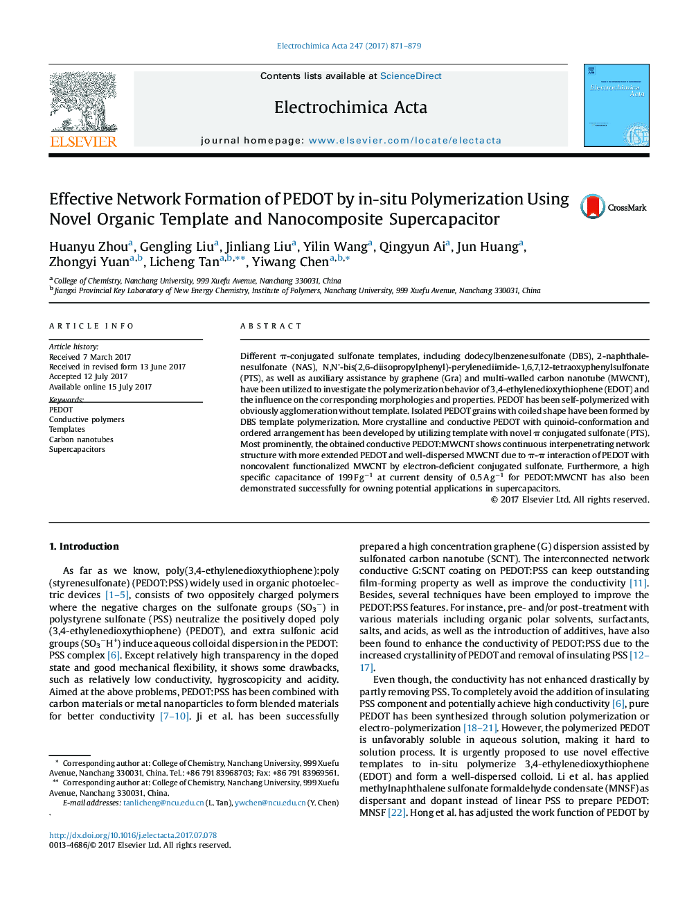 Effective Network Formation of PEDOT by in-situ Polymerization Using Novel Organic Template and Nanocomposite Supercapacitor