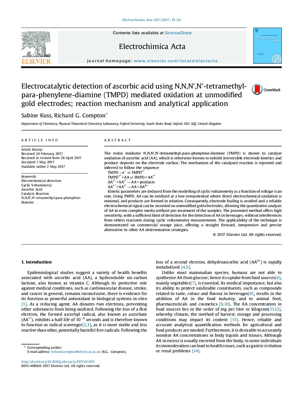 Electrocatalytic detection of ascorbic acid using N,N,N',N'-tetramethyl-para-phenylene-diamine (TMPD) mediated oxidation at unmodified gold electrodes; reaction mechanism and analytical application