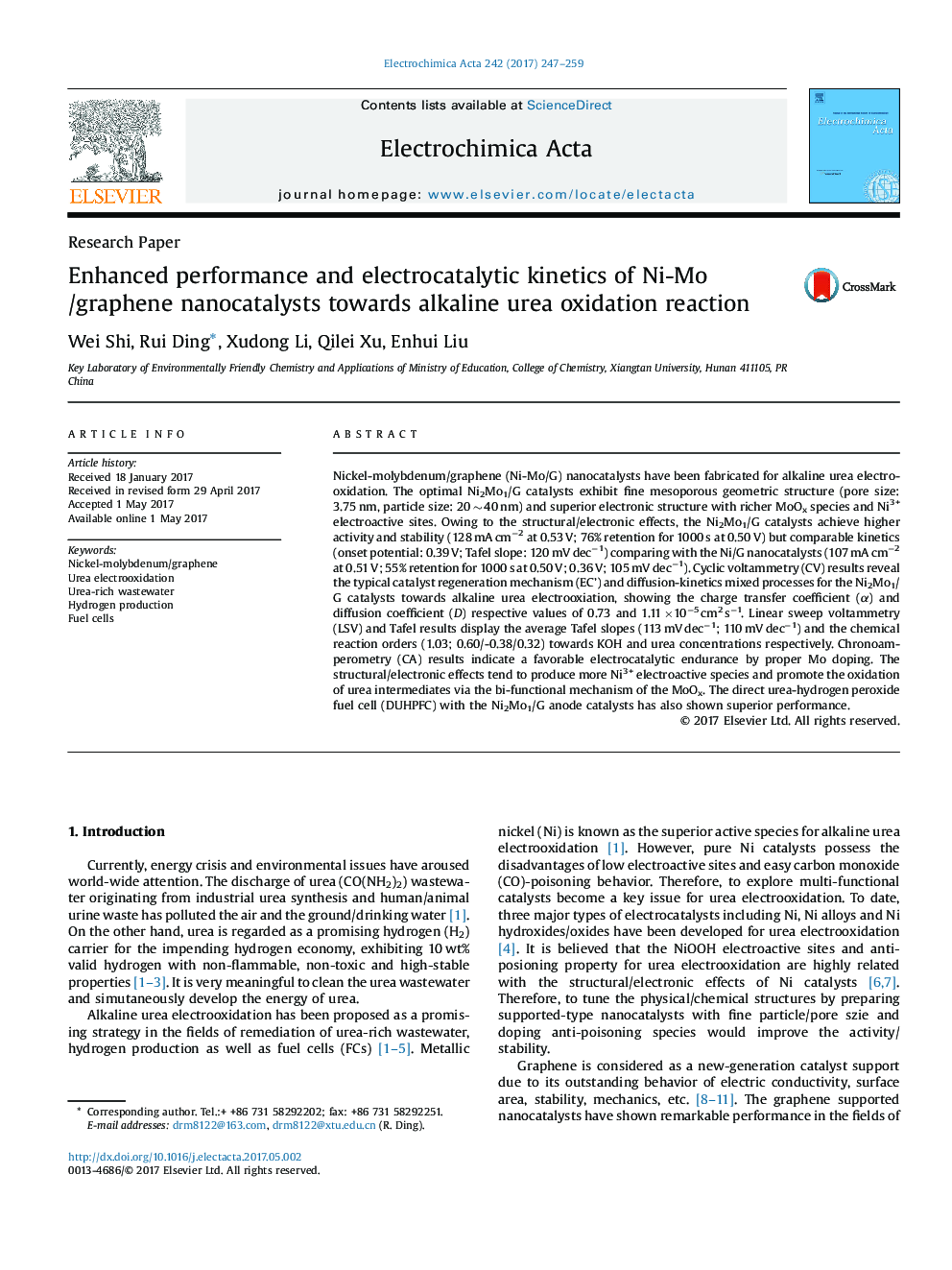 Enhanced performance and electrocatalytic kinetics of Ni-Mo/graphene nanocatalysts towards alkaline urea oxidation reaction