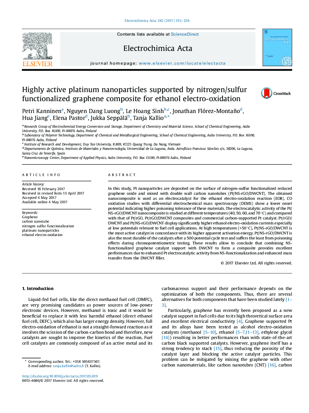 Highly active platinum nanoparticles supported by nitrogen/sulfur functionalized graphene composite for ethanol electro-oxidation