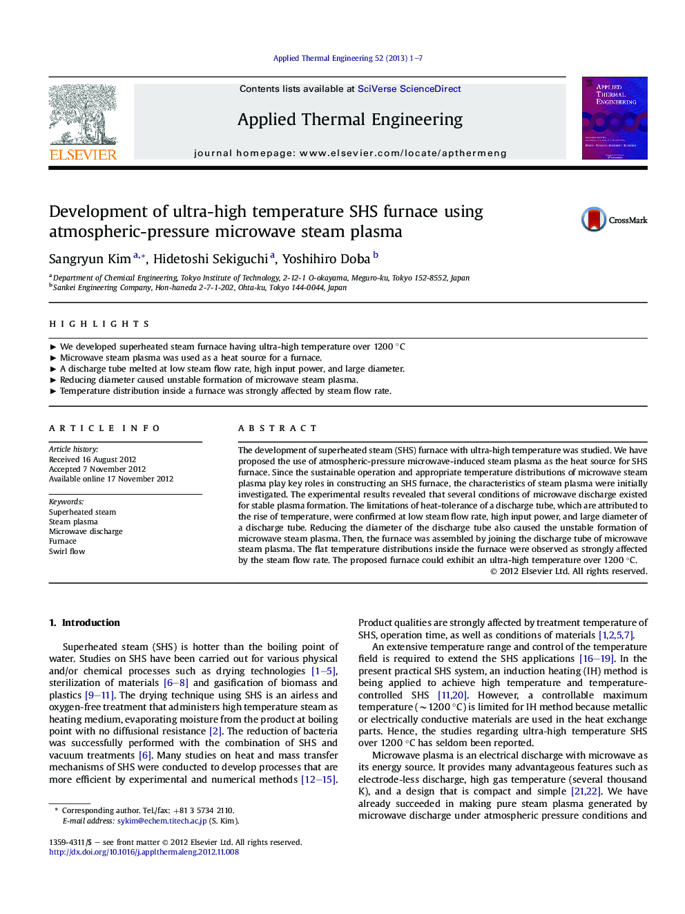 Development of ultra-high temperature SHS furnace using atmospheric-pressure microwave steam plasma