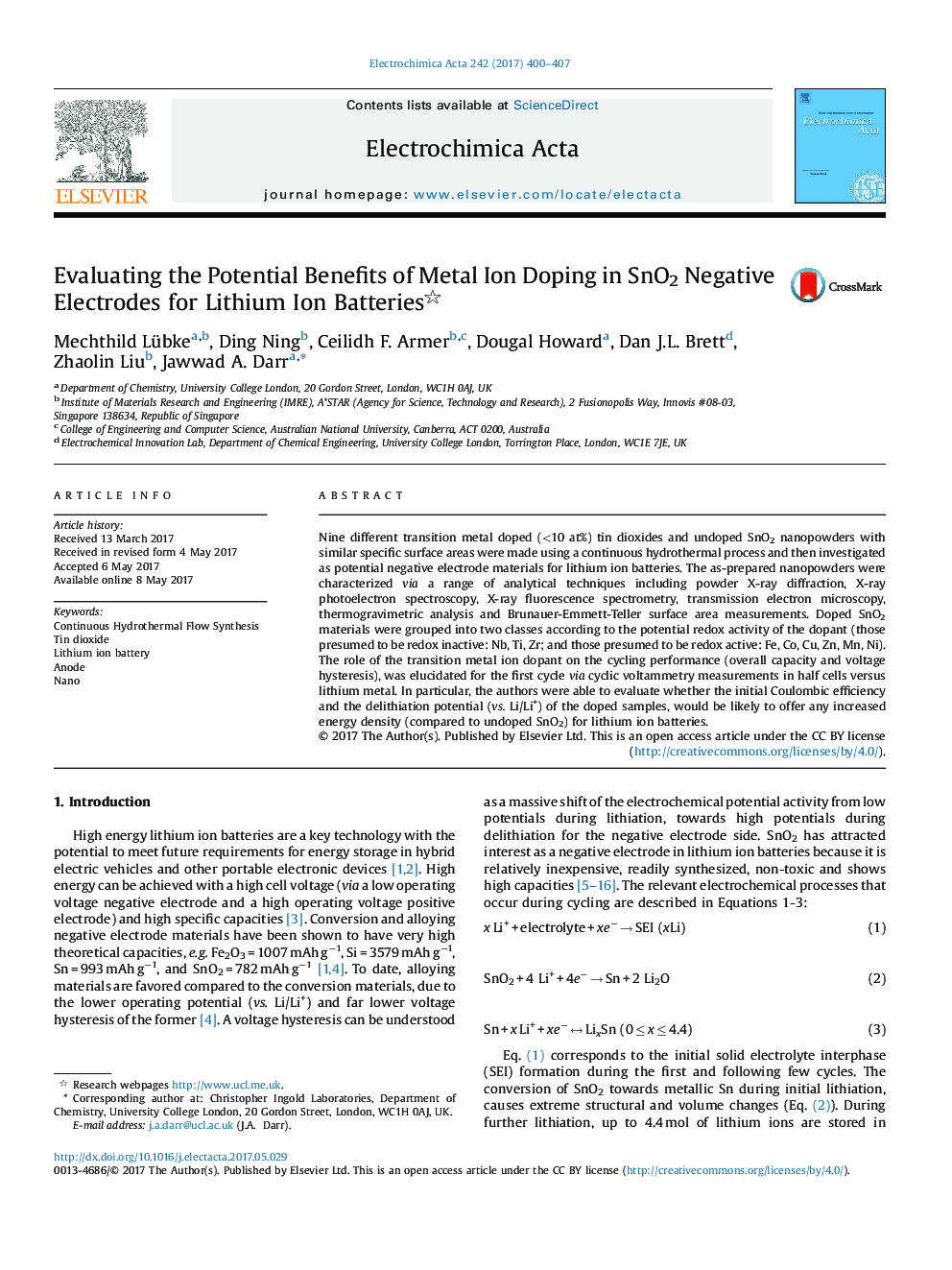 Evaluating the Potential Benefits of Metal Ion Doping in SnO2 Negative Electrodes for Lithium Ion Batteries