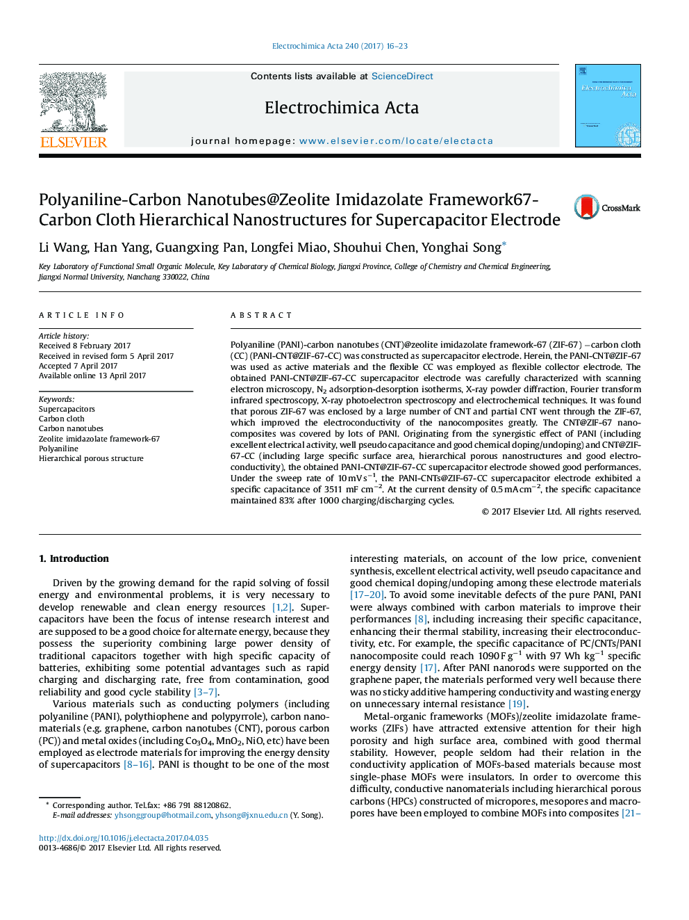 Polyaniline-Carbon Nanotubes@Zeolite Imidazolate FrameworkÂ­67-Carbon Cloth Hierarchical Nanostructures for Supercapacitor Electrode