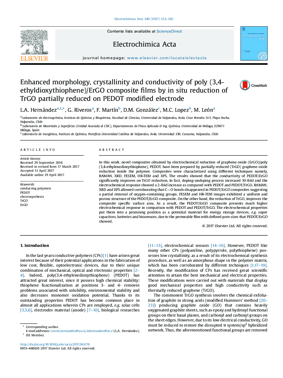 Enhanced morphology, crystallinity and conductivity of poly (3,4-ethyldioxythiophene)/ErGO composite films by in situ reduction of TrGO partially reduced on PEDOT modified electrode