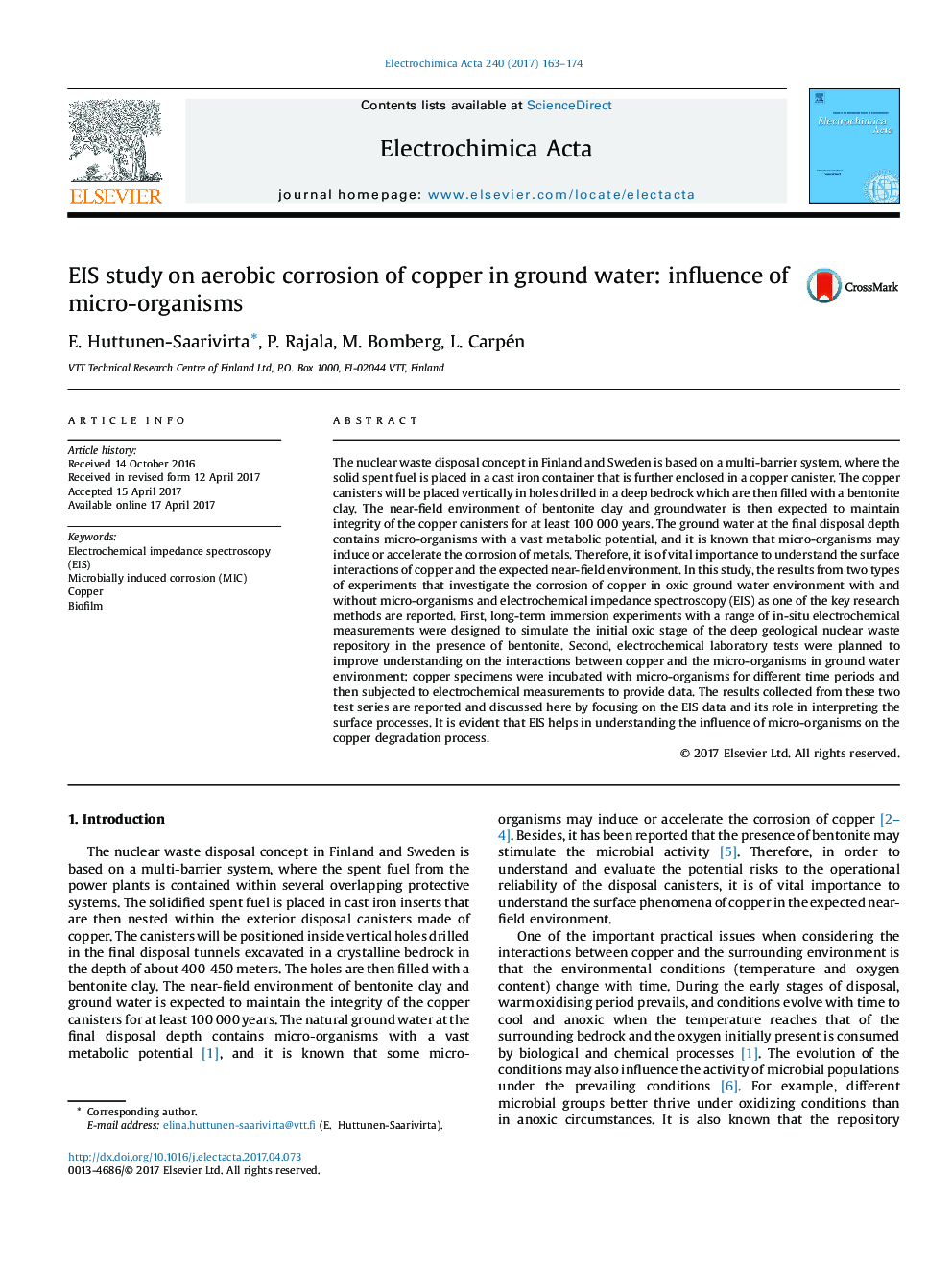 EIS study on aerobic corrosion of copper in ground water: influence of micro-organisms