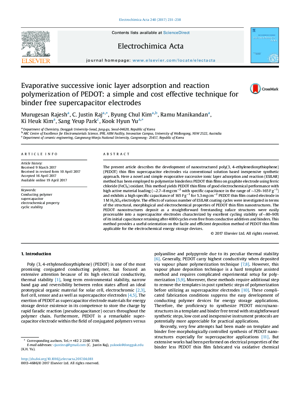 Evaporative successive ionic layer adsorption and reaction polymerization of PEDOT: a simple and cost effective technique for binder free supercapacitor electrodes