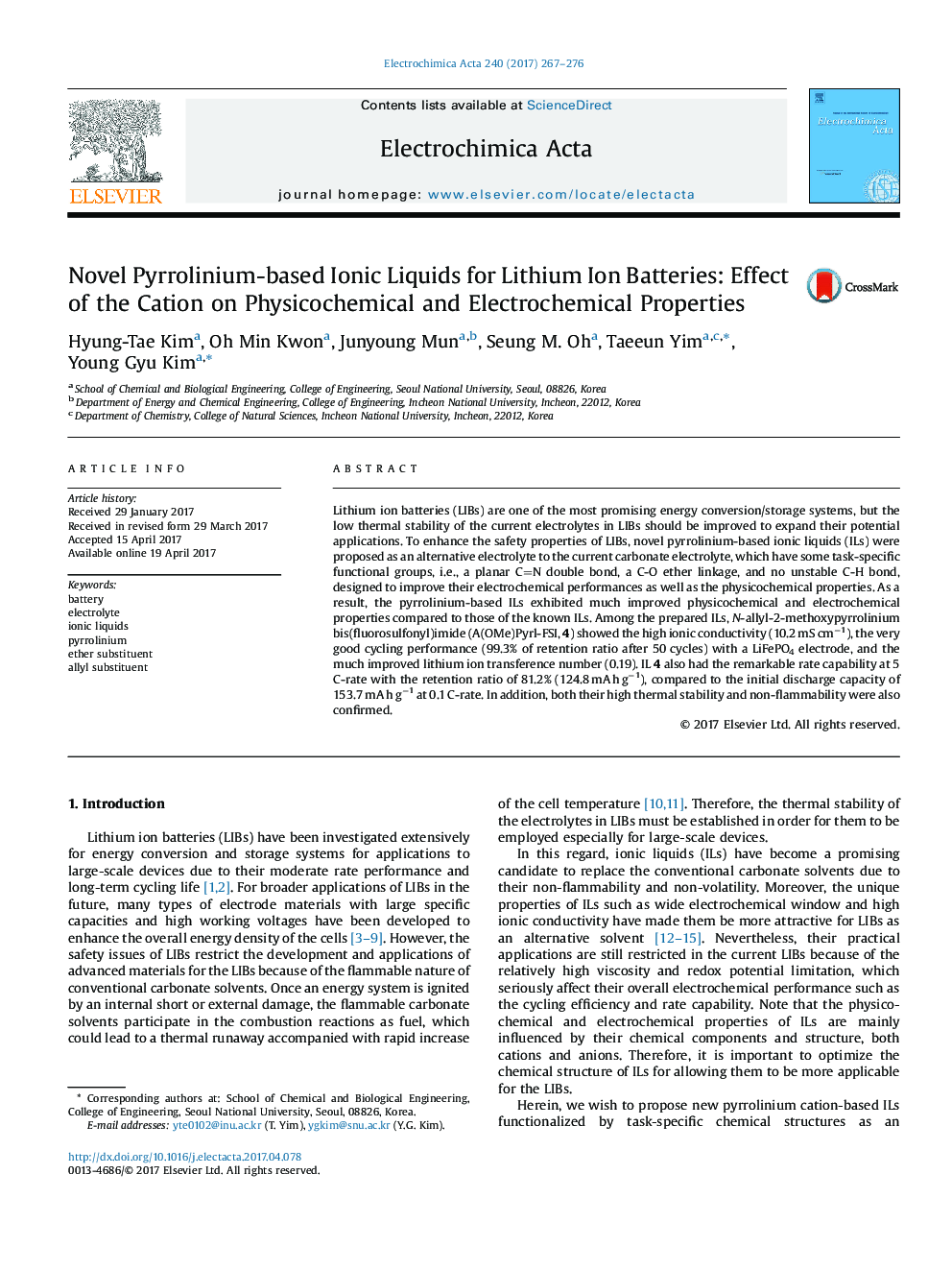 Novel Pyrrolinium-based Ionic Liquids for Lithium Ion Batteries: Effect of the Cation on Physicochemical and Electrochemical Properties